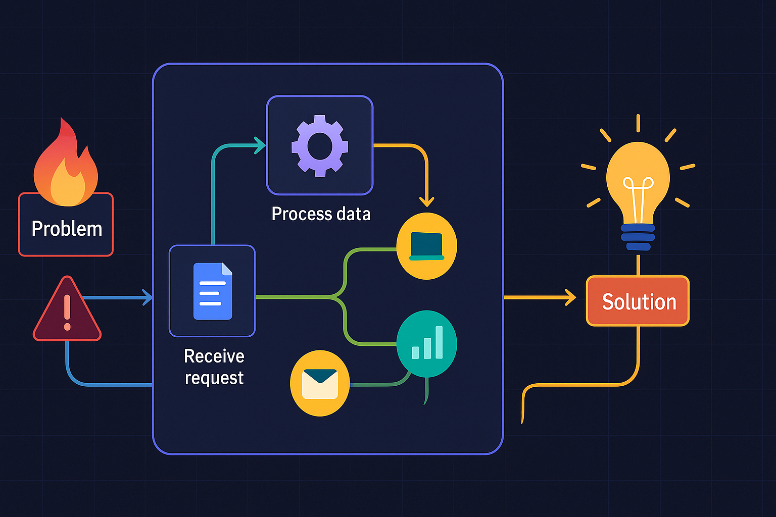 Workflow diagram showing problem, processing, and solution steps